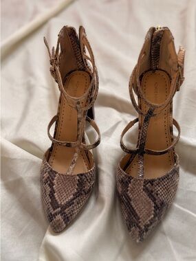 Adrienne Vittadini Taupe Brown Snake-Print Strappy Pointed-Toe Heels